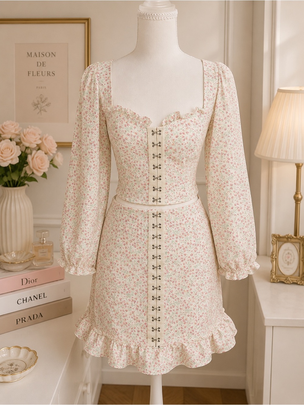 Urban Outfitters Floral Corset Top & Skirt Set Cottagecore Puff Sleeve Size L
